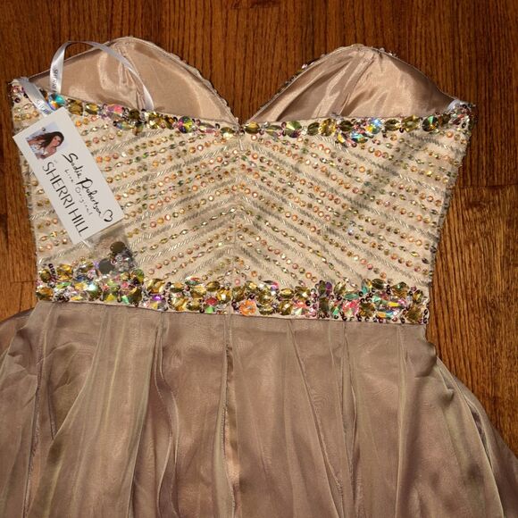 SHERRI HILL Gold Beaded High-Low Formal Gown – Size 12 - Picture 5 of 9